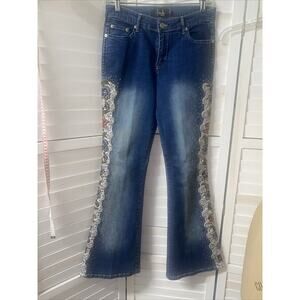 FITELLE PARIS Beaded Lacey Blue Denim Lace Boot Cut Mid Rise Jeans Sz 27 Small